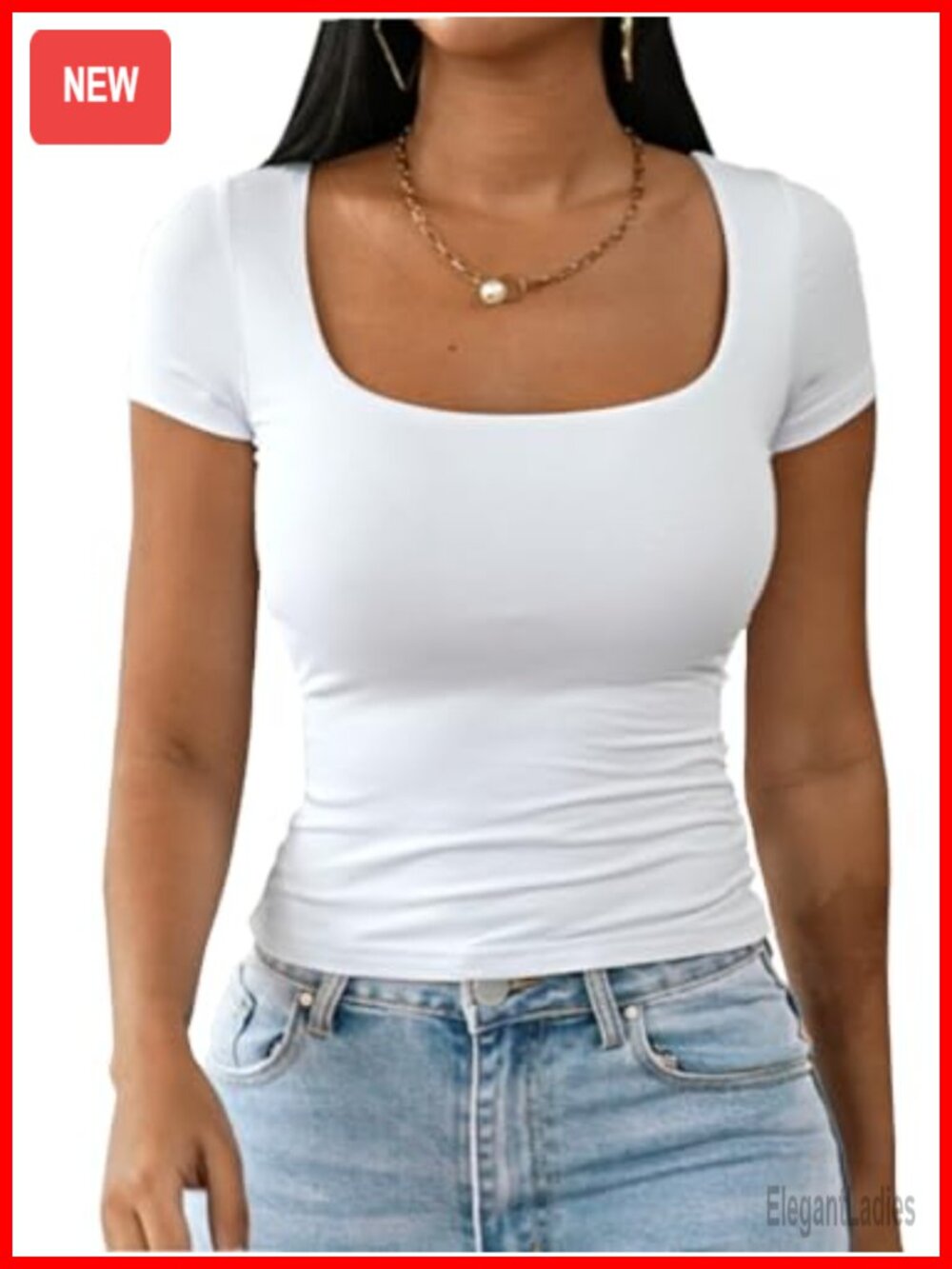Women's Double Lined Square Neck Short Sleeve Modal T Shirt Slim Fit Crop Top